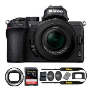 nikon z 50 dx-format mirrorless camera with nikkor z dx 16-50mm f/3.5-6.3 vr lens bundle with mount adapter and 64gb extreme pro 200mb/s sdxc uhs-i memory card (3 items)