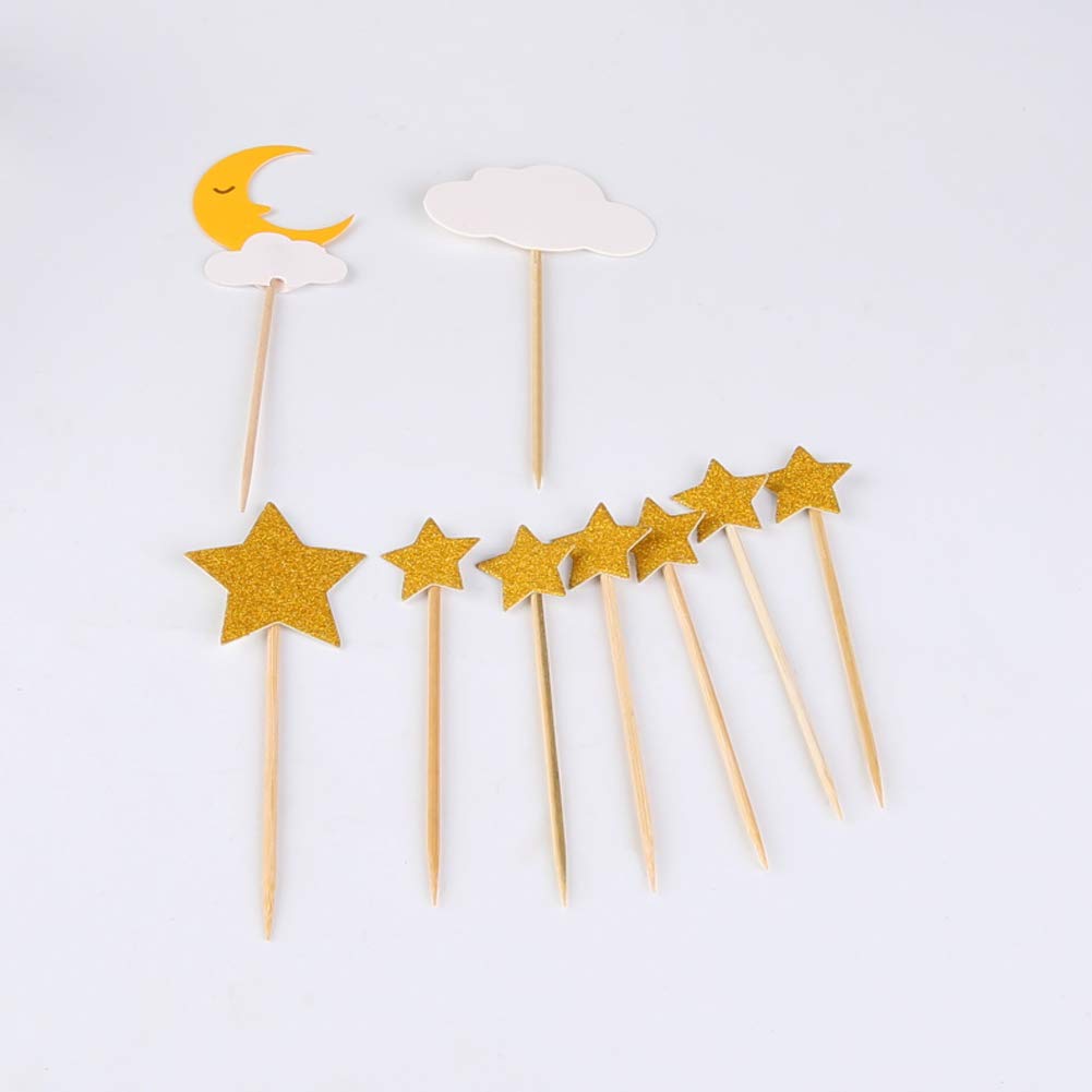 TAJIAA 36PCS Glitter Star Moon and Clouds Cupcake Toppers Picks for Birthday Party Baby Shower Wedding Christmas Valentine's Day Decorations