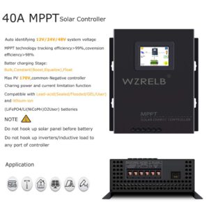 40A MPPT Solar Charge Controller Battery Charger Controller 48V 24V 12V Auto Parameter Adjustable with LED Display fit for Gel Sealed Flooded and Lithium Battery