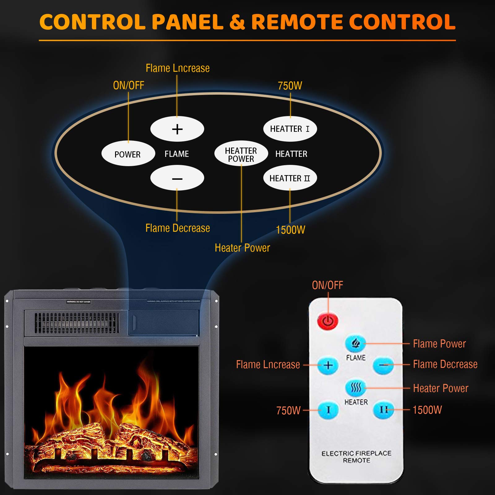 Antarctic Star Electric Fireplace Insert 18" Freestanding Heater Remote Control with 7 Log Hearth Flame Settings Adjustable Flame,1500w Black