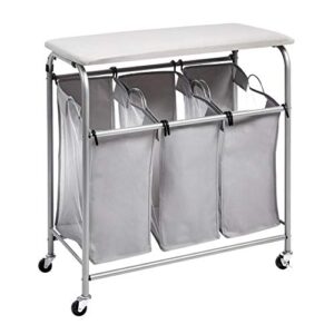 amazon basics 3-bag rectangular laundry sorter with ironing board top, 31.5"l x 16.14"w x 33.07"h, grey