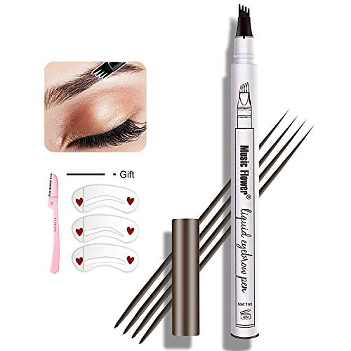 Eyebrow Pen, MoonKong 4 Point Eyebrow Pencil Waterproof Eye Brown Makeup, Eyebrow Kits with 3 Eyebrow Stencil, 1 Brow Razor (Chestnut)