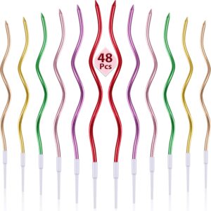 48 pieces twisty birthday candles spiral cake candles with holders metallic cake cupcake candles long thin curly coil cake candles for birthday, wedding party and cake decoration (metallic colorful)