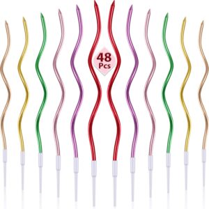 48 Pieces Twisty Birthday Candles Spiral Cake Candles with Holders Metallic Cake Cupcake Candles Long Thin Curly Coil Cake Candles for Birthday, Wedding Party and Cake Decoration (Metallic Colorful)