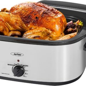 Sunvivi Roaster Oven with Self-Basting Lid, Electric Roaster with Removable Pan & Rack, 150-450°F Full-Range Temperature Control with Defrost/Warm Function, Stainless Steel, Silver