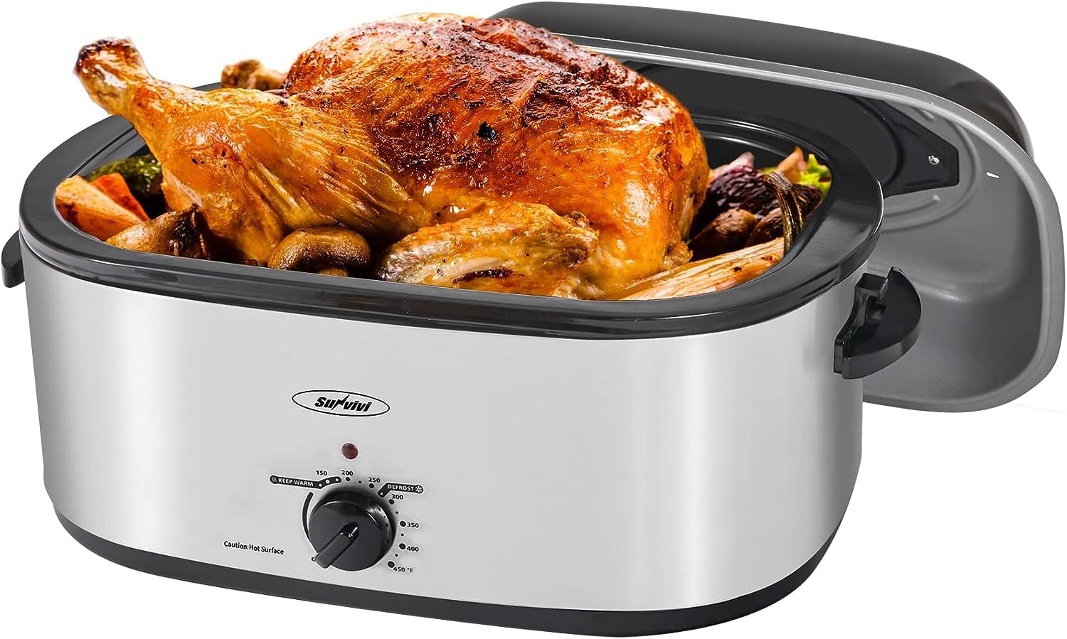 Sunvivi Roaster Oven with Self-Basting Lid, Electric Roaster with Removable Pan & Rack, 150-450°F Full-Range Temperature Control with Defrost/Warm Function, Stainless Steel, Silver