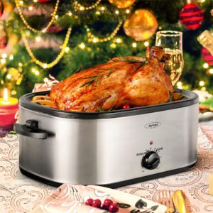 Sunvivi Roaster Oven with Self-Basting Lid, Electric Roaster with Removable Pan & Rack, 150-450°F Full-Range Temperature Control with Defrost/Warm Function, Stainless Steel, Silver