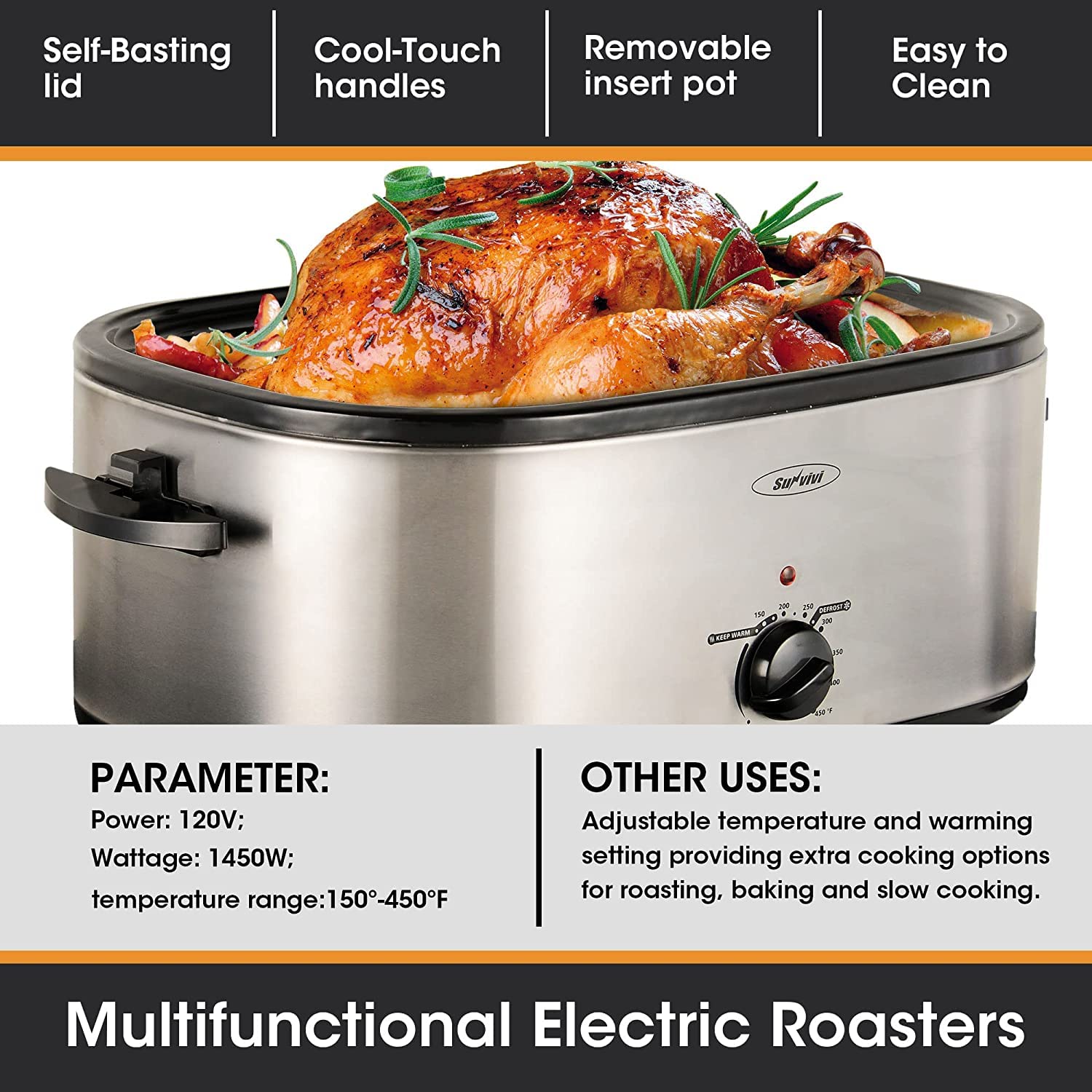 Sunvivi Roaster Oven with Self-Basting Lid, Electric Roaster with Removable Pan & Rack, 150-450°F Full-Range Temperature Control with Defrost/Warm Function, Stainless Steel, Silver