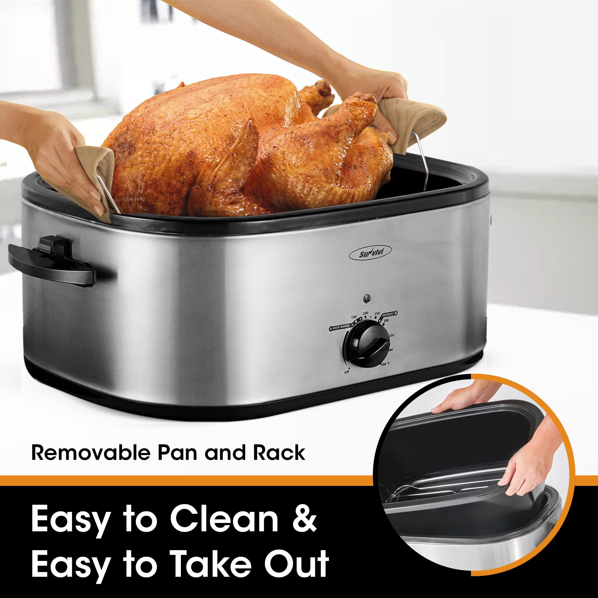 Sunvivi Roaster Oven with Self-Basting Lid, Electric Roaster with Removable Pan & Rack, 150-450°F Full-Range Temperature Control with Defrost/Warm Function, Stainless Steel, Silver