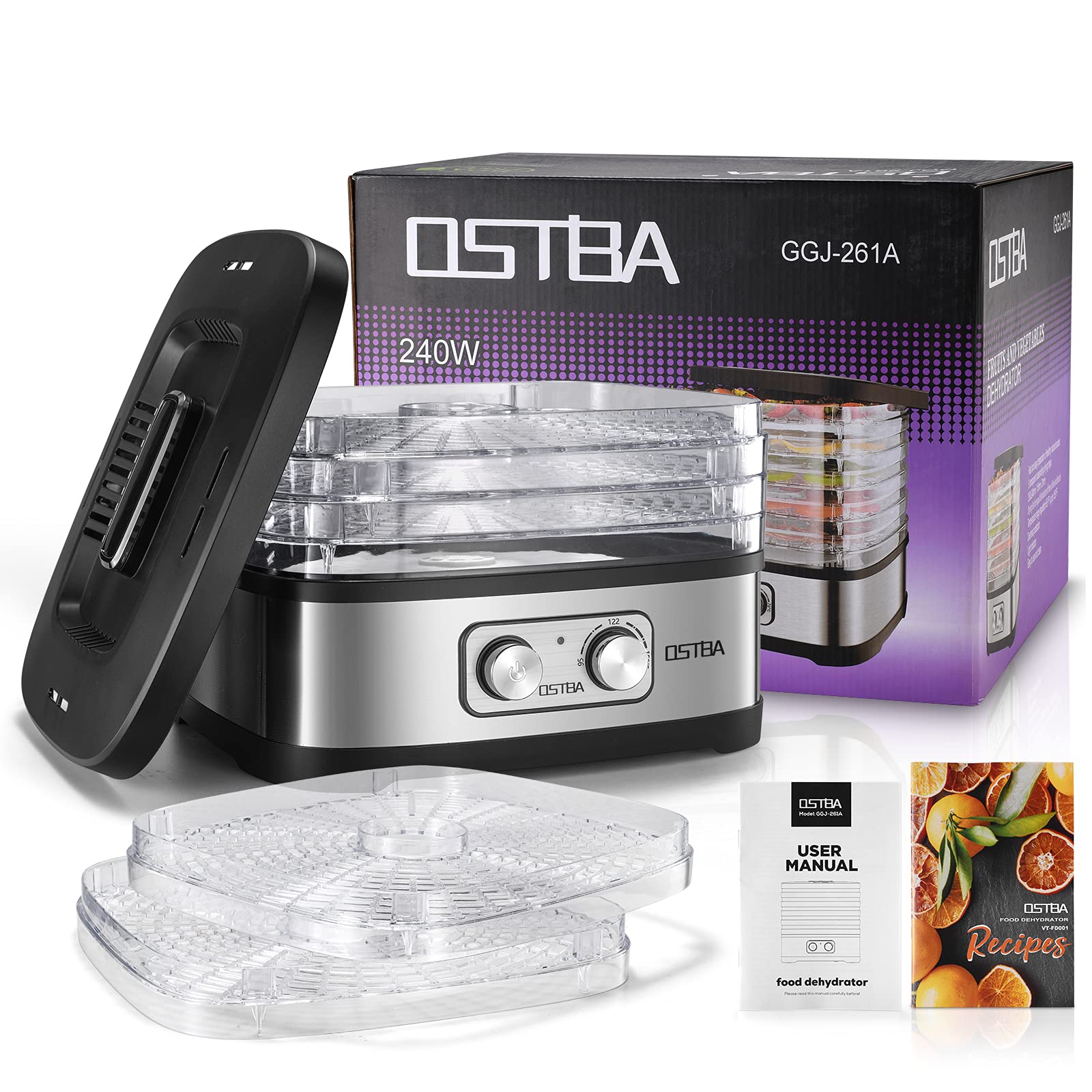 OSTBA Food Dehydrator, Dehydrator for Food and Jerky, Fruits, Herbs, Veggies, Temperature Control Electric Food Dryer Machine, 5 BPA-Free Trays Dishwasher Safe, 240W, Recipe Book Included