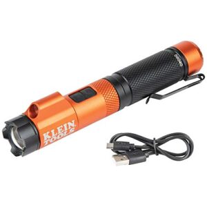 klein tools 56040 led rechargeable flashlight, 350 lumens, twist focus, laser pointer, hands-free, usb charging cable, for work and outdoor