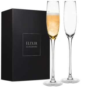 elixir glassware crystal champagne flutes – elegant champagne glasses, hand blown – set of 2 modern champagne flutes – gift for wedding, anniversary, christmas – 5oz, clear