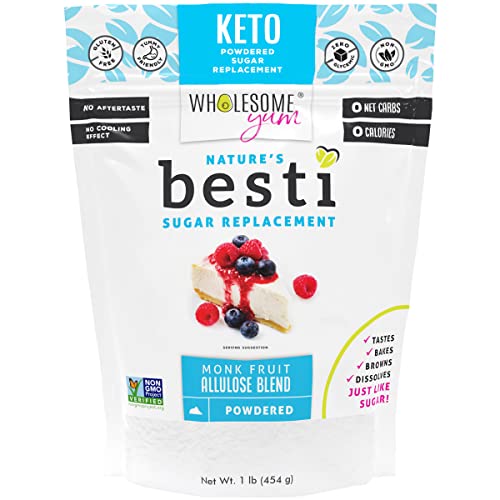 Wholesome Yum Besti Natural Powdered Sugar Substitute - Confectioners Monk Fruit Sweetener Blend With Allulose (No Erythritol) - Keto, Non GMO, Zero Carb, Zero Calorie, No Aftertaste (1 lb)