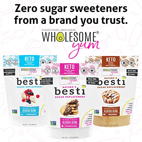 Wholesome Yum Besti Natural Powdered Sugar Substitute - Confectioners Monk Fruit Sweetener Blend With Allulose (No Erythritol) - Keto, Non GMO, Zero Carb, Zero Calorie, No Aftertaste (1 lb)