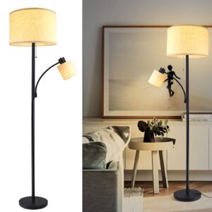 dllt living room standing floor lamps for reading, modern tall pole lamp for contemporary home with adjustable side light, mid-century industrial lighting with drum shade for bedroom, office, metal