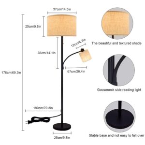 DLLT Living Room Standing Floor Lamps for Reading, Modern Tall Pole Lamp for Contemporary Home with Adjustable Side Light, Mid-Century Industrial Lighting with Drum Shade for Bedroom, Office, Metal