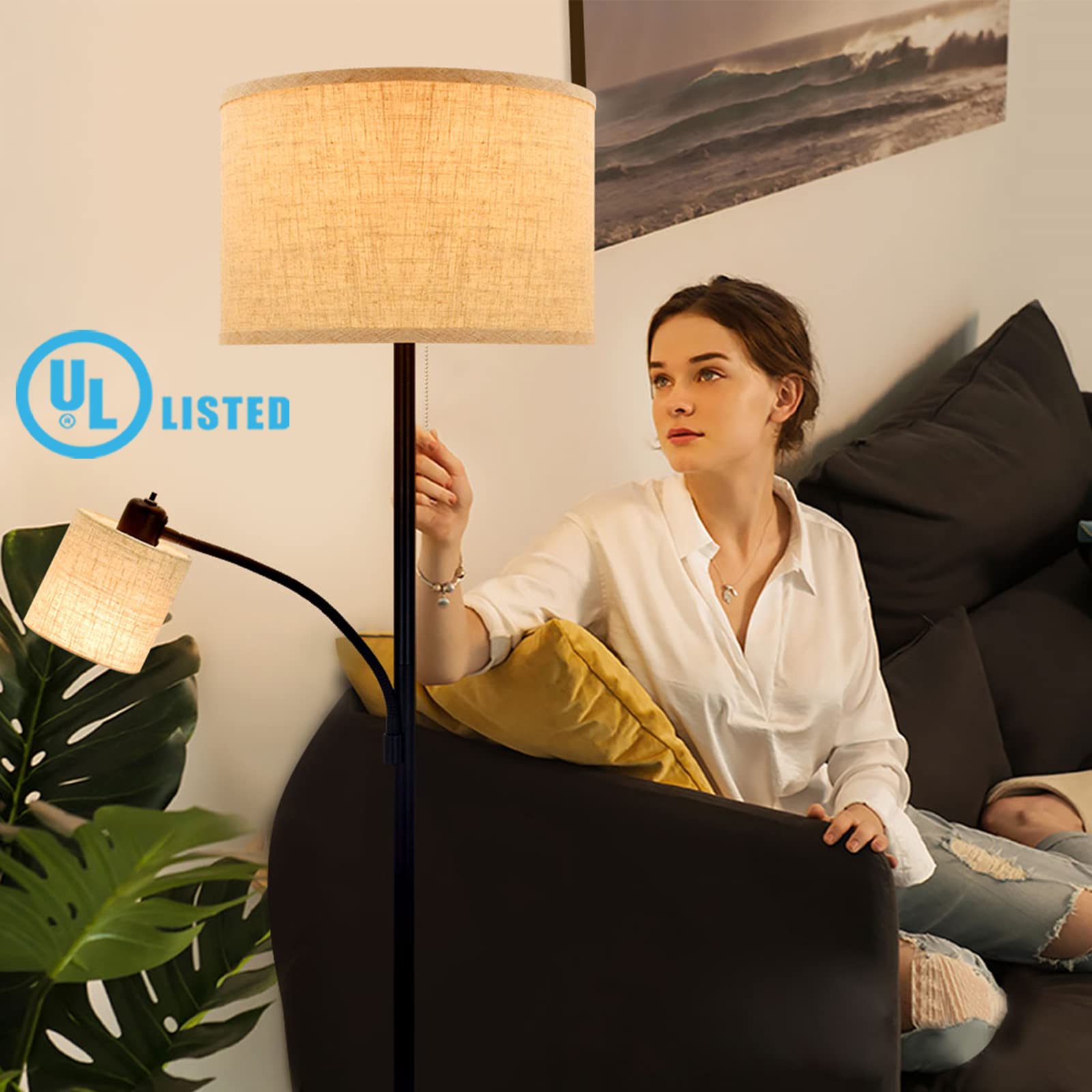 DLLT Living Room Standing Floor Lamps for Reading, Modern Tall Pole Lamp for Contemporary Home with Adjustable Side Light, Mid-Century Industrial Lighting with Drum Shade for Bedroom, Office, Metal