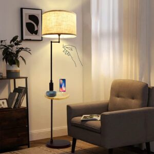 dllt living room led floor lamp- standing accent light with usb charging port, energy saving, tall pole lighting with beside table, mid century contemporary rooms lamps, e26 warm lights,fabric shade