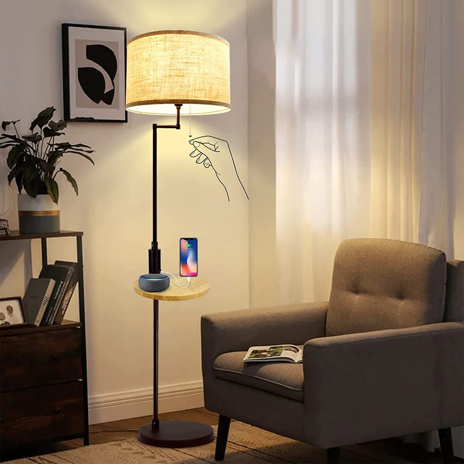 DLLT Living Room LED Floor Lamp- Standing Accent Light with USB Charging Port, Energy Saving, Tall Pole Lighting with Beside Table, Mid Century Contemporary Rooms Lamps, E26 Warm Lights,Fabric Shade