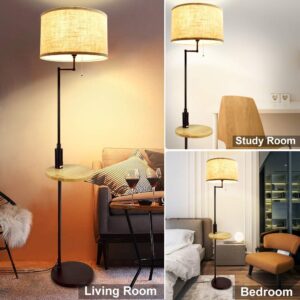 DLLT Living Room LED Floor Lamp- Standing Accent Light with USB Charging Port, Energy Saving, Tall Pole Lighting with Beside Table, Mid Century Contemporary Rooms Lamps, E26 Warm Lights,Fabric Shade