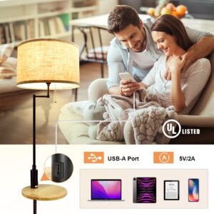 DLLT Living Room LED Floor Lamp- Standing Accent Light with USB Charging Port, Energy Saving, Tall Pole Lighting with Beside Table, Mid Century Contemporary Rooms Lamps, E26 Warm Lights,Fabric Shade