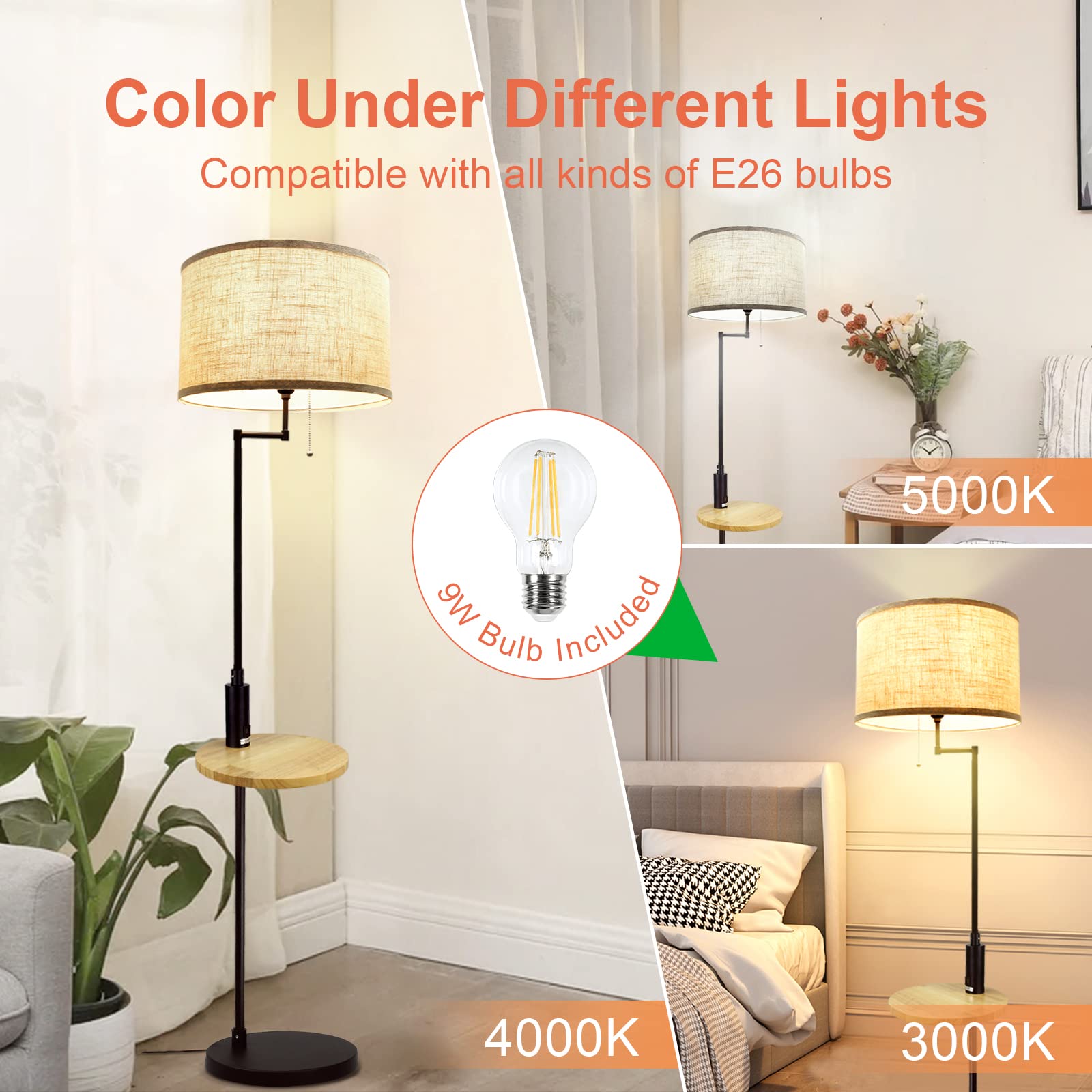 DLLT Living Room LED Floor Lamp- Standing Accent Light with USB Charging Port, Energy Saving, Tall Pole Lighting with Beside Table, Mid Century Contemporary Rooms Lamps, E26 Warm Lights,Fabric Shade