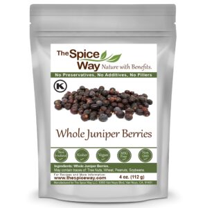 the spice way juniper berries - whole berries, pure, no additives, non-gmo, no preservatives, (4 oz) great for cooking and for spicing tea, syrup, meat, beef, turkey, soups and more. resealable bag