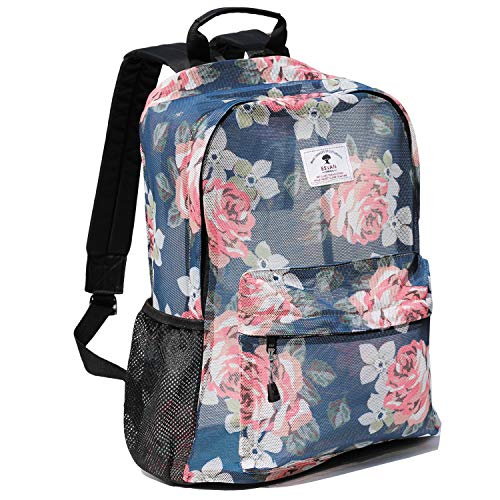 ESVAN Original Print Mesh Backpack Semi-Transparent Sackpack See Through Beach Bag Daypack Multi-Purpose Women Men Unisex (Flower)