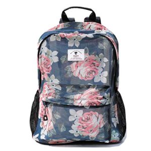 ESVAN Original Print Mesh Backpack Semi-Transparent Sackpack See Through Beach Bag Daypack Multi-Purpose Women Men Unisex (Flower)