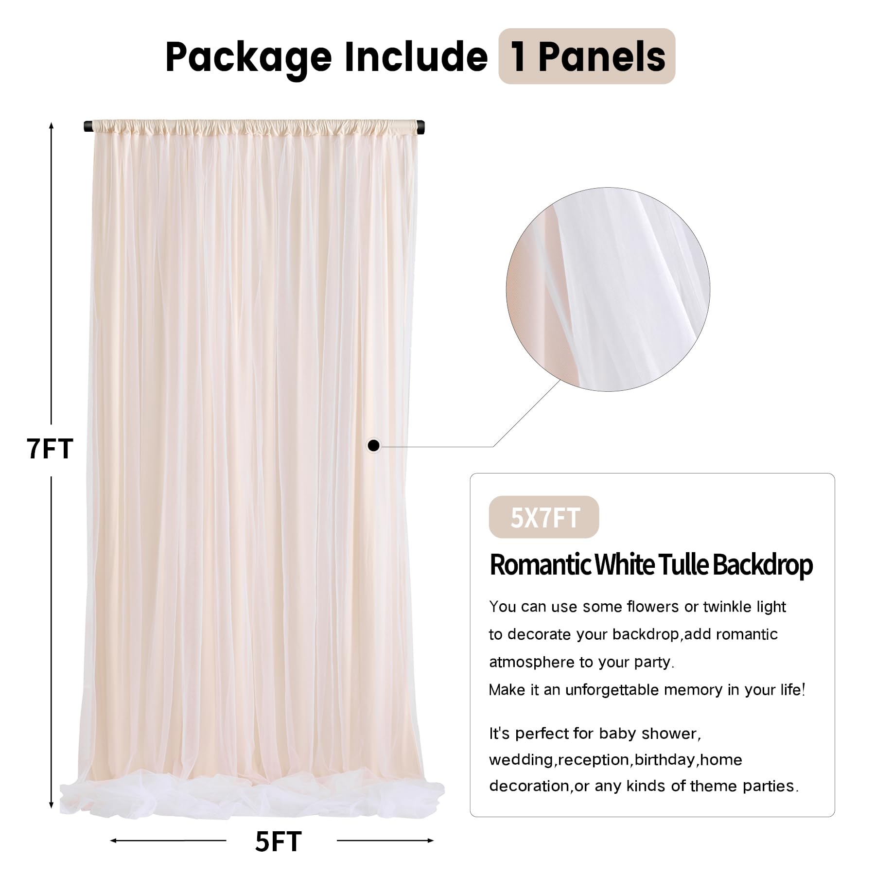 Wrinkle Free Champagne Tulle Backdrop Curtains for Baby Shower Party Wedding Photo Drape Backdrop for Photography Props Engagement Bridal Shower 5 ft X 7 ft