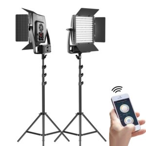 gvm 900d led video light，dimmable bi-color and stand video lighting kit, app intelligent control system， cri97，3200-5600k fo youtube studio photography， outdoor video shooting lighting (2 packs)