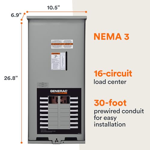 Generac RXG16EZA3 16-Circuit 100 Amp ATS - NEMA 3 CUL: Reliable Transfer Switch with Integrated Load Center for Essential Circuit Backup