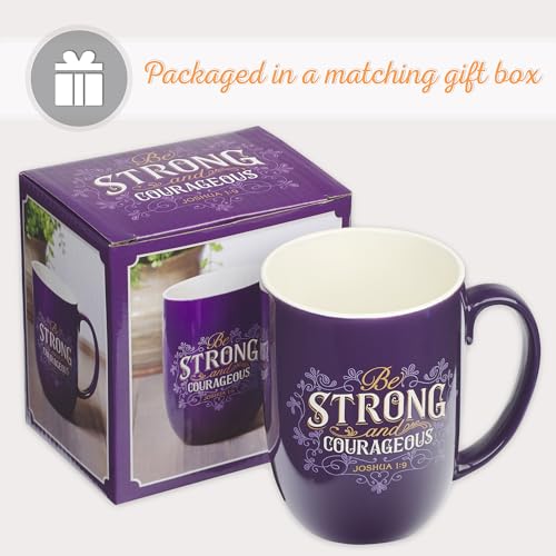 Christian Art Gifts Ceramic Scripture Coffee and Tea Mug 15 oz Purple Mug - Strong and Courageous - Joshua 1:9 Inspirational Bible Verse Cup Microwave and Dishwasher Safe Novelty Drinkware