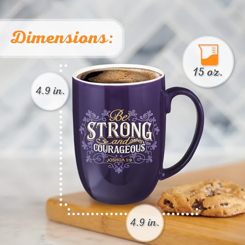 Christian Art Gifts Ceramic Scripture Coffee and Tea Mug 15 oz Purple Mug - Strong and Courageous - Joshua 1:9 Inspirational Bible Verse Cup Microwave and Dishwasher Safe Novelty Drinkware