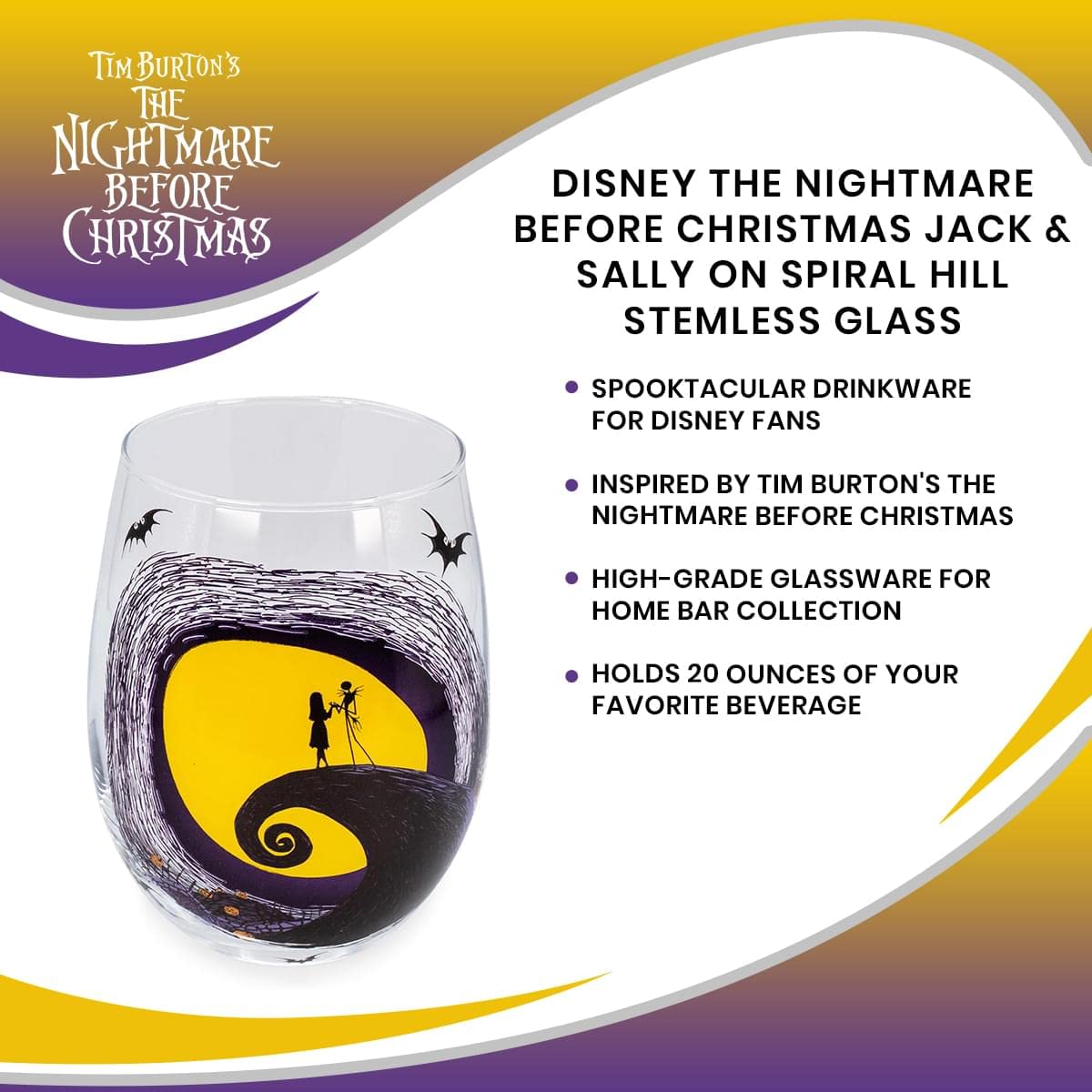 Nightmare Before Christmas Disney The Jack & Sally on Spiral Hill Stemless Glass