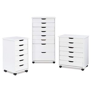 Linon Callie Multipurpose Six Drawer Wide Wood Rolling Storage Cart with Casters in White Wash