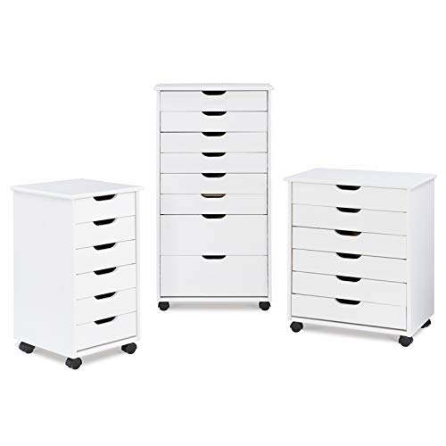 Linon Callie Multipurpose Six Drawer Wide Wood Rolling Storage Cart with Casters in White Wash