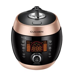 cuchen cjs-fd0600rvus | heating pressure rice cooker 6 cup (uncooked) | smart jog dial | auto steam clean | voice guide | made in korea | black/rose gold