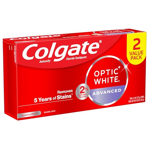 Colgate Optic White Advanced Teeth Whitening Toothpaste, 2% Hydrogen Peroxide Toothpaste, Sparkling White, 4.5 Oz, 2 Pack