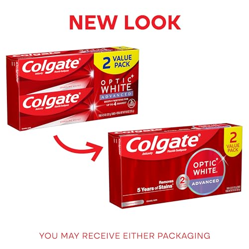 Colgate Optic White Advanced Teeth Whitening Toothpaste, 2% Hydrogen Peroxide Toothpaste, Sparkling White, 4.5 Oz, 2 Pack