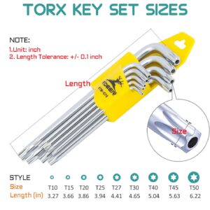 R'DEER 9 Piece Long Arm Torx Hex Key Set Industrial Level Anti Tamper Proof Star Allen Wrench Kit L-wrench Hand Tool (Sizes T10-T50)