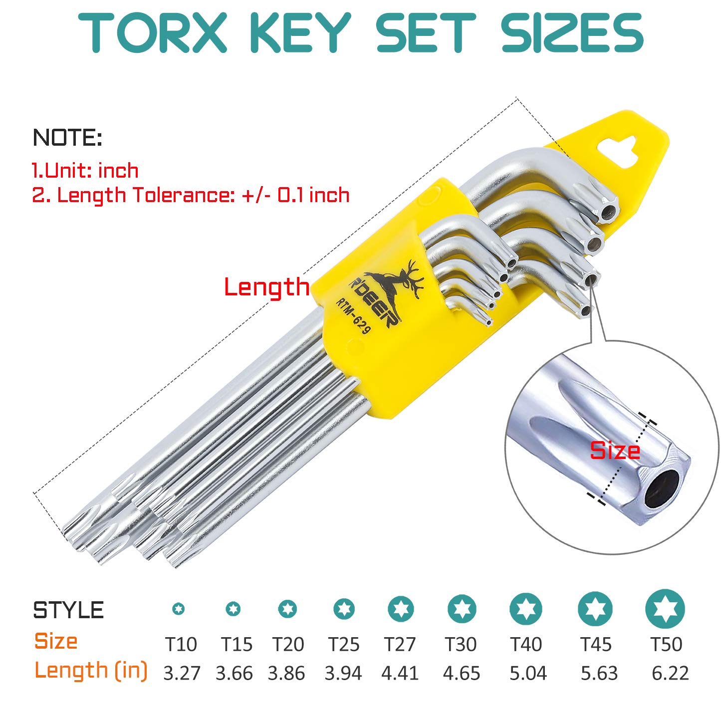 R'DEER 9 Piece Long Arm Torx Hex Key Set Industrial Level Anti Tamper Proof Star Allen Wrench Kit L-wrench Hand Tool (Sizes T10-T50)