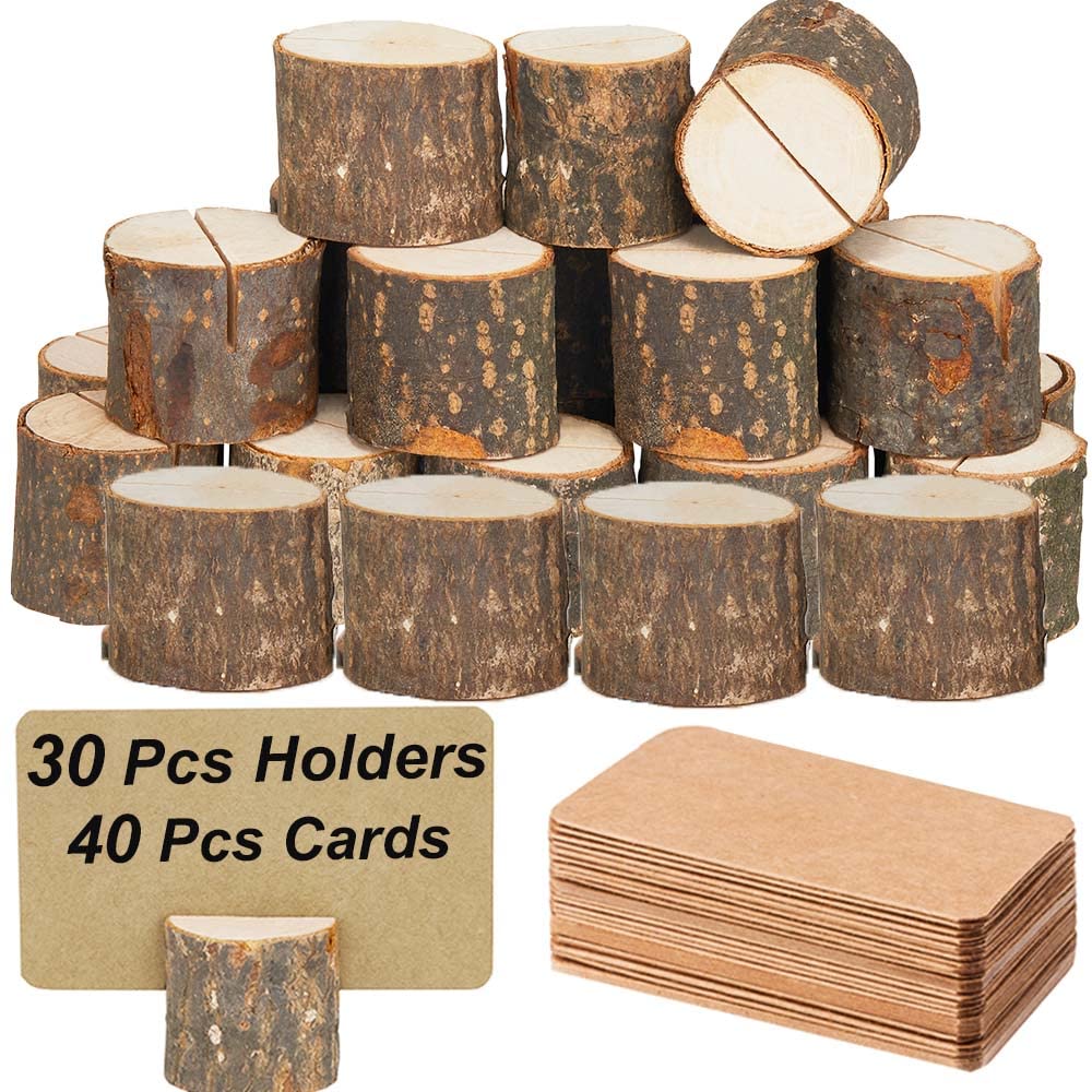 Toncoo Wood Place Card Holders, 30Pcs Premium Rustic Table Number Holders and 40Pcs Kraft Table Place Cards, Wood Photo Holders, Ideal for Wedding Party Table Name and More