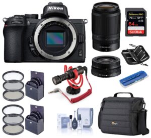 nikon z 50 dx-format mirrorless camera body with nikkor 16-50mm f/3.5-6.3 and 50-250mm f/4.5-6.3 vr lens, audio bundle with rode mic, case, 64gb sd card, filter kits and accessories