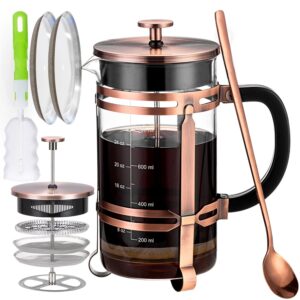 french press coffee tea maker（34oz）,304 stainless steel coffee press with 4 filters screen-100% no residue -german heat-resistant borosilicate glass- bpa free -dishwasherable，copper