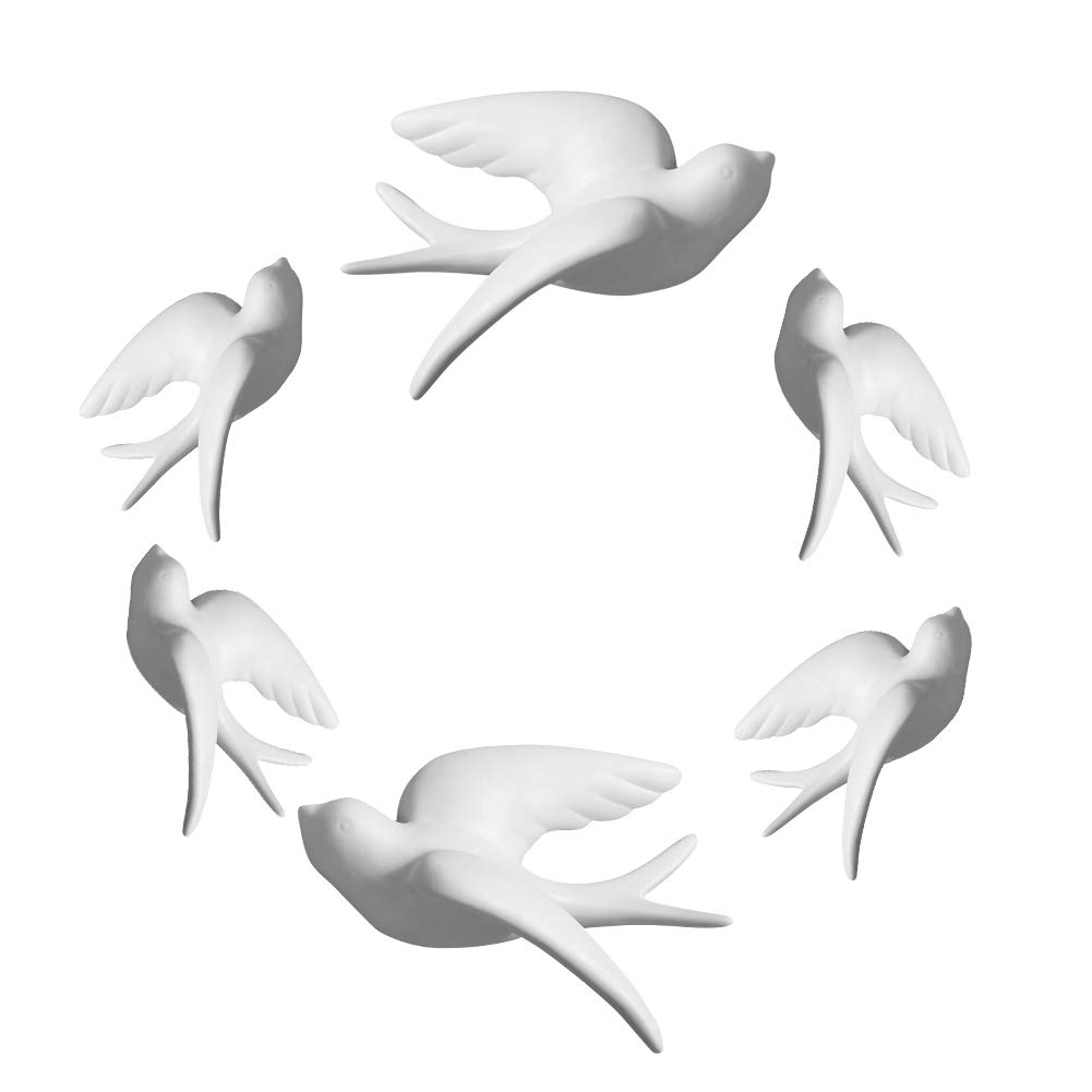 Dorlotou Set of 6 White Ceramic Birds Doves Sparrows Swallows Wall Mounted Decor Hanging for Bedroom Livingroom Garden Wall Sculptures