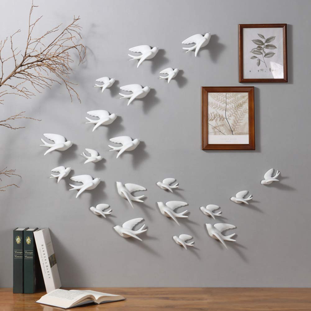 Dorlotou Set of 6 White Ceramic Birds Doves Sparrows Swallows Wall Mounted Decor Hanging for Bedroom Livingroom Garden Wall Sculptures