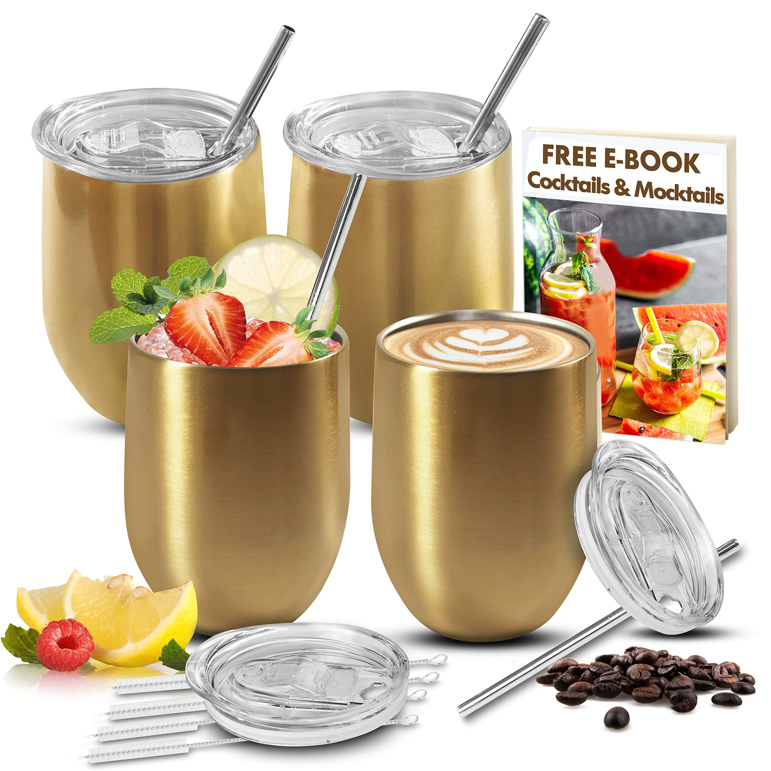 LoadedSpoon Stainless Steel Wine Tumbler with Lid and Straw 4 pack, Gold Wine Glasses, Wine Tumbler Set, Unbreakable Wine Glasses, Stemless Wine Glasses Set of 4, Wine Tumblers, Wine Glass Tumbler