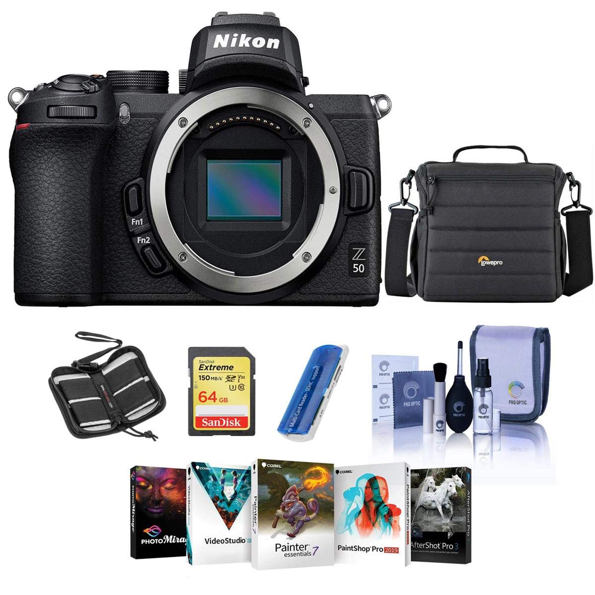 Nikon Z50 Mirrorless Camera - Bundle with Camera Case, 64GB SDXC Memory Card, Cleaning kit, Memory Wallet, Card Reader, PC Software Package