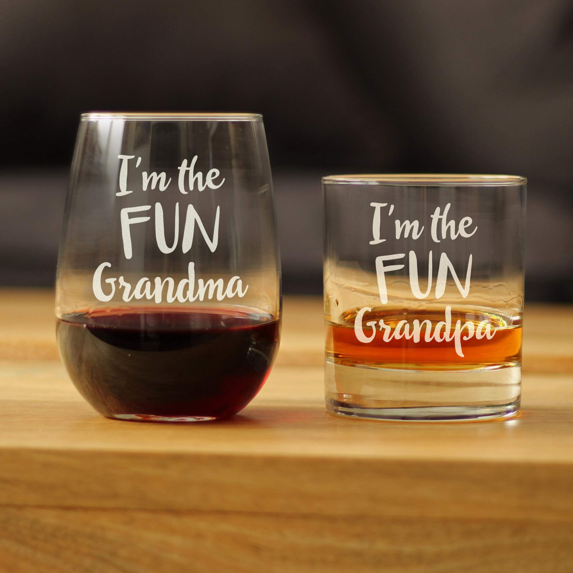 Fun Grandpa - Funny Grandfather Stemless Wine Glass Gift for Dads & Grandparents - Large 17 Oz Glasses